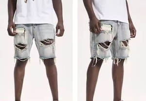 Pantalones cortos de mezclilla desgastados para pantalones cortos de mezclilla OEM, pantalones cortos de mezclilla con cordón de cintura desgastada de estilo callejero informal para hombres para personalizar - Product Image 4