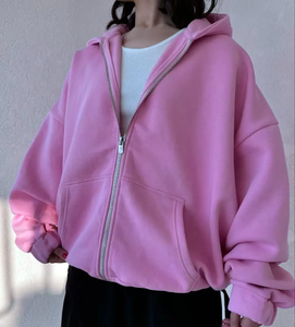 Sweat-shirt à capuche décontracté pour femme, coupe ample, en tissu tricoté 500 g/m², avec fermeture éclair brodée, collection automne-hiver 2026 - Product Image 1