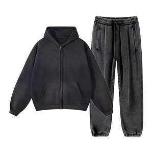 Conjunto Deportivo de Sudadera con Capucha y Cremallera en Gris Oscuro Lavado al Ácido para Hombre, Chaqueta de Forro Polar Vintage, Pantalones Jogger, Estilo Urbano Holgado, Atuendo de Invierno - Product Image 1