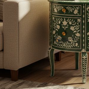 Mesita de Noche Moderna Ecológica Hecha a Mano con Incrustaciones de Hueso Floral Verde y Tres Cajones - Product Image 3