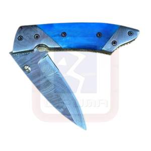 Navaja Plegable de Acero de Damasco con Refuerzo de Acero de Damasco, Mango de Hueso de Camello Teñido, Funda de Cuero, Grado Industrial OEM, Garantía de 3 Años, para Exteriores - Product Image 5