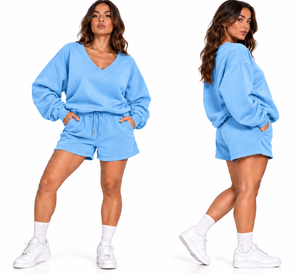 Ensemble de survêtement décontracté 2 pièces en coton tricoté pour femme, comprenant un sweat-shirt ample à col en V rouge et un short, avec cordon de serrage et poches - Product Image 5