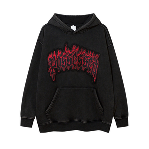 Custom Acid Wash Vintage Distressed Applique Embroidery Hoodie Rips Cut and Sew Stitching Patch Hoodie - Product Image 1