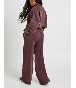 Ensemble de survêtement athleisure pour femme, nouveau style automne, effet délavé, avec haut court à quart de zip et pantalon large, poids moyen, pour l'exercice - Product Image 6