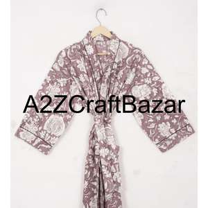 Robe kimono de luxe pour femmes, élégante, romantique, à imprimé floral, respirante, à manches longues, col en V, fermeture à ceinture, douce, 100% coton, faite à la main - Product Image 3