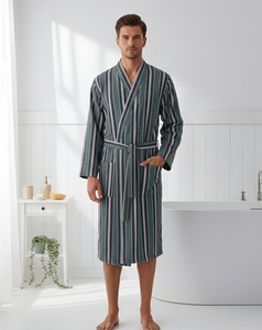 เสื้อคลุมอาบน้ำลายทางสไตล์ตุรกี สีเขียวป่า คิโมโน ผ้าฝ้าย 100% - Product Image 1