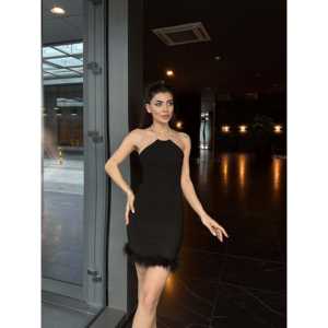 Robe à taille naturelle et détails en plumes - Product Image 4