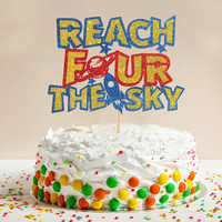 Décoration de gâteau Thème Espace Bleu Marine Scintillant Écologique Reach Four the Sky pour Fête d'Anniversaire Enfant 4 Ans
