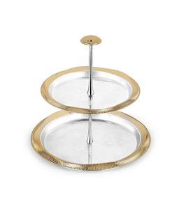 Elegant Silver 2 <b>Tier</b> Fruit Tray with Ribbed Gold Edges Modern Metal <b>Cake</b> Stand Luxury Tiered Serving Platter for Home Decor - Product Image 3