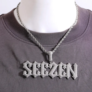 จี้ชื่อตามสั่งสำหรับผู้ชายเครื่องประดับฮิปฮอปโมอิสซาไนต์สีเงินพร้อมโซ่เชือก - Product Image 2