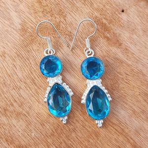 Boucles d'oreilles pendantes en topaze bleue suisse, plaquées argent, boucles d'oreilles à gouttes, boucles d'oreilles en cristal bleu aqua, bijoux bohèmes faits à la main, cadeau pour elle - Product Image 6