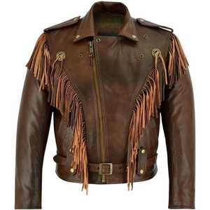 Quality Men's Brown Real Sheep <b>Leather</b> <b>Jacket</b> Fringe Western Style Motorcycle Biker Stand Collar Winter - Product Image 3