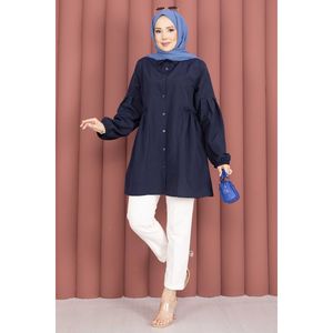 Túnica Azul Marino de Popelina para Mujer, Camisa Casual con Cuello, Estampado de Moda en Algodón, Botones, Cintura Fruncida, Holgada para Otoño, Talla XL - Product Image 3