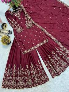 NOUVEAU SHARARA avec PLAZZO et KURTA TOP SALWAR KAMEEZ TRADITIONNEL POUR FÊTE, DÉTAIL EN CRÊPE ET LACETTE MOTI, Soie Pure - Product Image 3