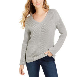 Maglione con Cappuccio da Donna Charter Club in Cotone Premium Testurizzato con Scollo a V, Casual Invernale/Autunnale, Lavorazione a Treccia, Logo Frontale, Grigio, Taglia L - Product Image 1