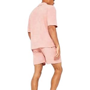 Oferta: Conjunto de Dos Piezas Unisex de Tela de Rizo, Camisas Casuales de Verano con Botones y Pantalones Cortos de Manga Corta para Hombre, Talla Grande - Product Image 4