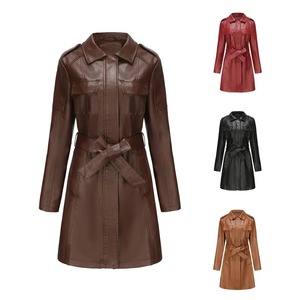 Meilleur cuir femmes Trench manteaux col rabattu manches longues mi-longueur manteau à lacets taille serrée Slim Fit décontracté régulier solide - Product Image 2