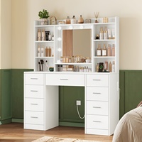Coiffeuse OEM avec miroir LED 3 couleurs à luminosité réglable, 9 tiroirs et 7 étagères, idéale pour petits espaces