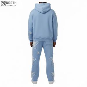 Custom Logo Flared Sweatpants And Hoodie Set Acid Wash <b>Distressed</b> Embroidery Patches Oversized Cotton Joggers Sets - Product Image 2