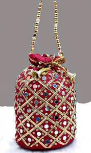Women's Embroidered <b>Clutch</b> Purse Box Pattern Gota Patti Work Potli Bag Evening Bag with Drawstring Mirror for <b>Weddings</b> Gifts - Product Image 4