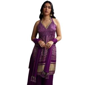 Costume Palazzo en satin modal violet avec impression Bandhani Vente en gros Vêtements ethniques pour femmes Usine de vêtements OEM Fournisseur en gros Personnalisé - Product Image 4