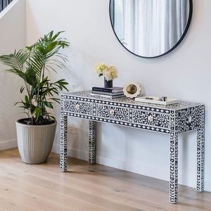 Mesita de noche con incrustaciones de hueso en diseño Floral, cajón de pecho con incrustaciones de hueso de la India, artesanía para pulido a mano - Product Image 1