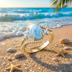 Jeulia Gold Swirl Oval Larimar <b>Ring</b> with Dual Starfish-Fashionable <b>Statement</b> Jewelry for Women - Product Image 6