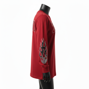 High Quality Cotton <b>Long</b> <b>Sleeve</b> T Shirt Smooth Jersey Fabric Deep <b>Red</b> Color Crystal HeatTransfer Logo <b>Long</b> <b>Sleeve</b> T Shirt Cotton - Product Image 3