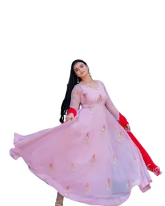 印度民族服装乔其纱重序列工作Anarkali礼服婚礼和节日服装Salwar Kameez套装女装