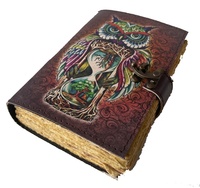 Cuaderno de Tapa Dura con Estampado de Búho Multicolor, 100% Cuero Genuino, con Cierre Metálico Tipo C-Lock, Páginas Artísticas con Borde Decorativo