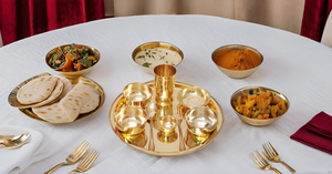 Indian Traditional Dinner Set Handcrafted Brass Thali Plate Bowls with Glass Spoon Beautiful Tableware Gift for Dinner - Product Image 5