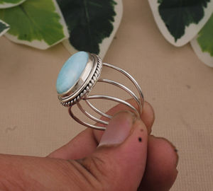 Anillo de Plata de Ley 925 hecho a mano con piedra preciosa Larimar Natural cabujón ovalado joyería de piedra azul Dominicana para mujer - Product Image 3