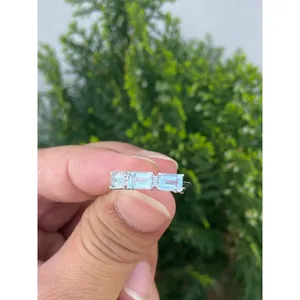 Anillo de Oro Amarillo de 14k con Aguamarina y Diamantes, Corte Esmeralda, Piedra Natural, Joyería Fina de Compromiso, Chapado en Rodio con Certificado IGI - Product Image 2