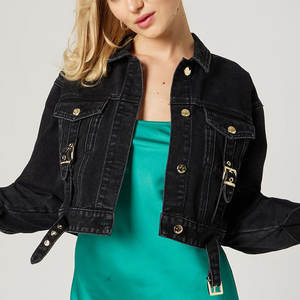 Chaqueta vaquera negra informal para mujer con puños de botón y bolsillos laterales para uso diario - Product Image 4