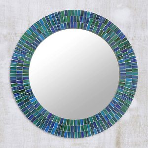 Adiba-cristal de mosaico y madera montado en la pared, espejo azul con capas de océano verde, hecho en la India, decoración del hogar - Product Image 6