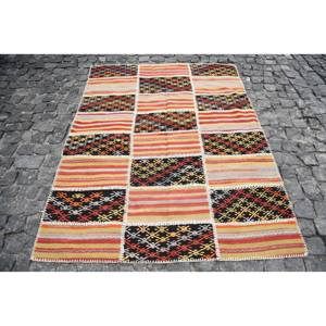 พรม kilim วินเทจลวดลายเรขาคณิตสีแดงและสีดำ4.8ft สานแบน6.1ft X (145ซม. x 186ซม.) วัสดุขนสัตว์ที่มียางด้านหลัง - Product Image 1