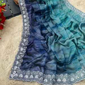 Sari de seda de diseñador Rangoli con Secuencia de trabajo de piedra estilo pakistaní ropa de fiesta de boda para mujeres ropa india y paquistaní - Product Image 1