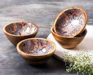 Bol de service rond en bois émaillé artisanal Taille 17cm 17cm 5cm Bol de service à soupe et à salade en bois Design antique Qualité supérieure - Product Image 5