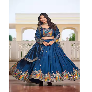 Elegante tela pura Vichitra Lehenga Choli con hilo de bordado pesado trabajo de lentejuelas perfecto para ropa de boda étnica tradicional - Product Image 3