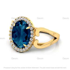 Design minimaliste 18k or pur ovale naturel Londres bleu topaze pierres précieuses anneaux Halo réglage diamant bagues de fiançailles en gros - Product Image 5