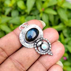 Collier pendentif fait main en argent sterling 925 avec serti clos, labradorite et pierre de lune, plaqué or vintage, unisexe, pour fiançailles ou troisième anniversaire - Product Image 5