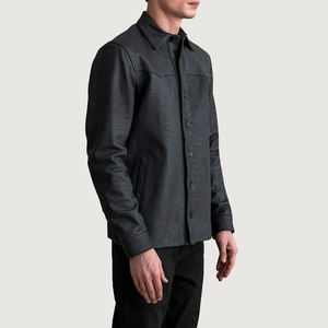 Chemise-veste en cuir gris anthracite pour homme, fermeture à boutons, manches longues, col, cuir véritable, décontractée, élégante, design de chemise-veste - Product Image 5
