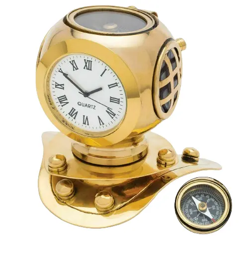 Hot Selling Brass Divers Helmet Clock With Compass Plain Polished Handmade Antique Design Beautiful Clock For Home Decoration