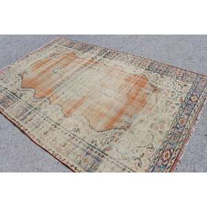 Alfombra Turca de 5.9x9 pies, Alfombra Grande Vintage, Alfombra Sólida Naranja y Azul - Product Image 4