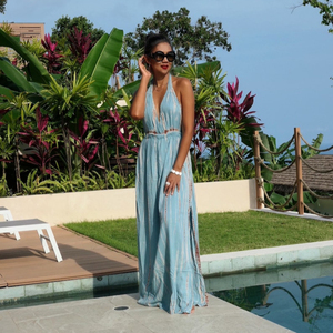 2023 vente chaude de haute qualité élégant Boho cravate teinture rayonne robe pour les femmes longue dos nu Maxi motif floral respirant - Product Image 5