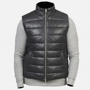 Chaleco acolchado de cuero negro personalizado OEM para hombre, cálido, transpirable, con cierre de cremallera, bolsillos laterales, informal, de lona a prueba de viento para hombre - Product Image 1