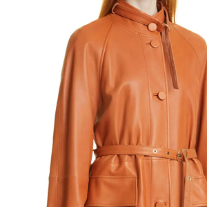 Manteau trench en cuir véritable pour femme, avec doublure en soie épaisse, fermeture éclair longue, col montant, coupe-vent, respirant, décontracté, pour l'hiver - Product Image 5