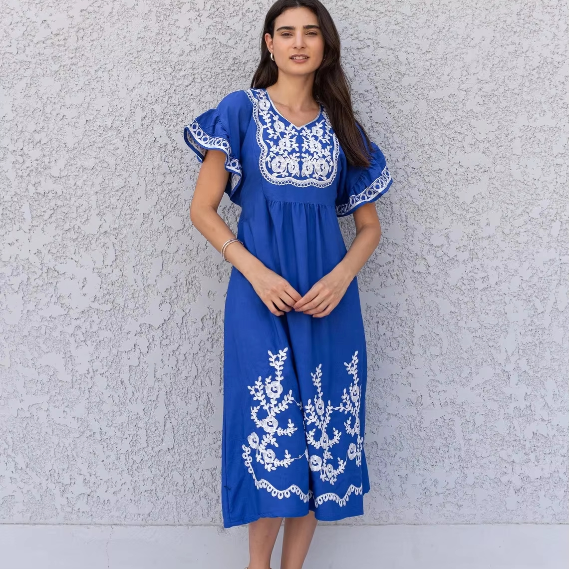 Royal Blue Cotton Tunic Dress Embroidered Kaftan Dress Short Tunic Kaftan|  Alibaba.com