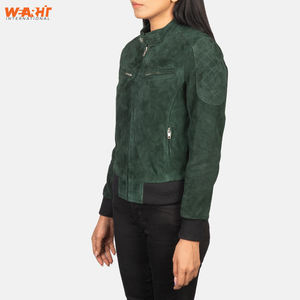 Veste de bombardier en cuir suédé véritable pour femmes, coupe ajustée, vert, doux, chaud, manteau d'hiver, décontracté, fermeture à glissière, solide, teint en plaine. - Product Image 5