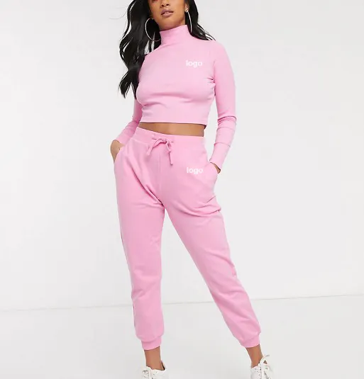 Custom Made Pullover Pink Color Crop Top Tracksuit Sets Women Breathable Quick Dry Slim Fit Tracksuit Sets